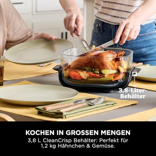 Ninja CRISPi tragbare Airfryer Heißluftfritteuse, 3,8 l, 4-in-1: Heißluftfrittieren, Braten, Warmhalten, Recrisp, kompakt, 6 Portionen, 2x herausnehmbare Glasbehälter & Deckel, 1700 W, Stein FN101EUST