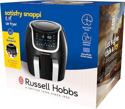 Russell Hobbs Heißluftfritteuse Doppelkammer [2 Fächer je 4,25l, nur getrennt nutzbar, Gesamtvolumen 8,5l] Rapid Air Fryer Technik (8 Programme, spülmaschinenfest,Touchscreen) AirFryer 27290-56S
