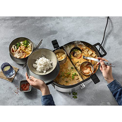 WMF Lono Hot Pot & Dampfgarer elektrisch 3,6l, chinesisches Fondue für 6 Personen, elektrische Dampfgarer, Dampfaufsatz für Dim Sum, Bao, Garkörbchen, 1700W, edelstahl matt