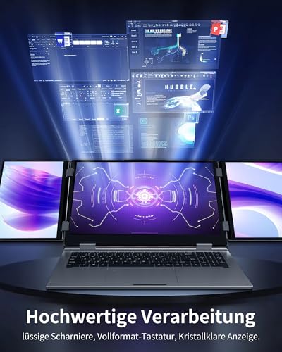 Laptop mit 3 Bildschirmen, 16" Hauptdisplay + 2x10,5", i7-12700H, 32GB RAM, 2TB SSD, Win 11 Pro, Wi-Fi 6, BT 5.2, Gesicht-/Fingerabdruck, deutsches QWERTZ-Layout, USB-C, HDMI