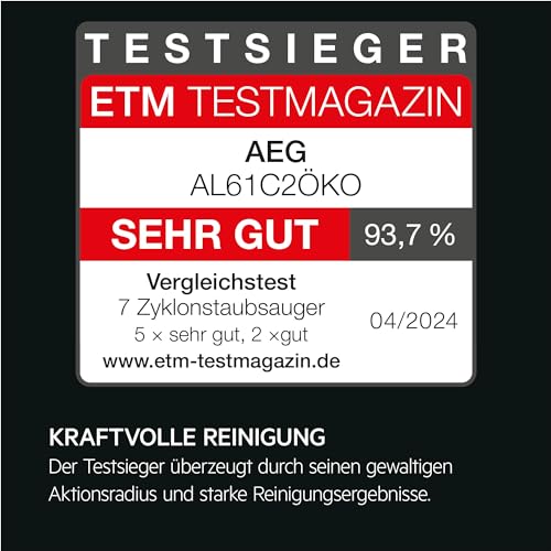 AEG CLEAN 6000 ÖKO AL61C2ÖKO Staubsauger beutellos / ETM Testsieger (SEHR GUT) / 60 % Recyclingmaterial / 550 W / Zusatzdüsen / Softräder / 74 dB(A) / 12m Aktionsradius / 1,6L Staubbehälter / Schwarz
