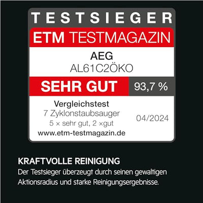AEG CLEAN 6000 ÖKO AL61C2ÖKO Staubsauger beutellos / ETM Testsieger (SEHR GUT) / 60 % Recyclingmaterial / 550 W / Zusatzdüsen / Softräder / 74 dB(A) / 12m Aktionsradius / 1,6L Staubbehälter / Schwarz