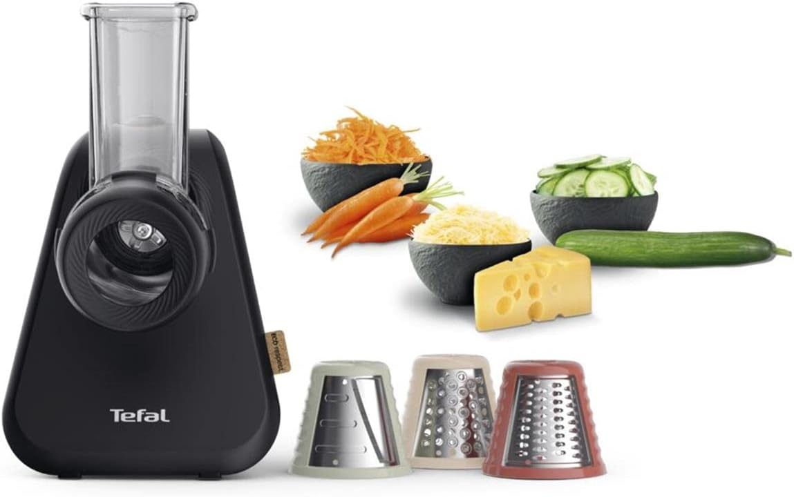 Tefal MB77EN Eco Respect Reibe, elektrische Reibe mit 200-W-Motor, 3 verschiedene Kegel-Aufsätze, Eco-Design, 9% recycelter Kunststoff, schwarz