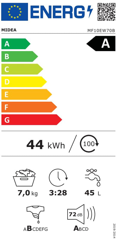 Midea MF10EW70B Waschmaschine / 7kg / 1400 U/Min/EEK A/Inverter Quattro Motor/Dampffunktion/Grosse Trommel/Nachlegefunktion/Kindersicherung/AquaStop, Weiß