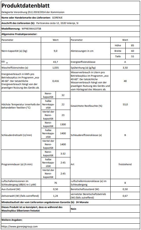 Gorenje WPNEI94A1DTSB Waschmaschine mit Dampffunktion/ConnectLife / 9Kg / 1400 U/min / 15 Programme/Totaler AquaStop/Wave Active Trommel/ExtraHygiene/PowerWash/Schnell Waschgang/EEK: A-10%