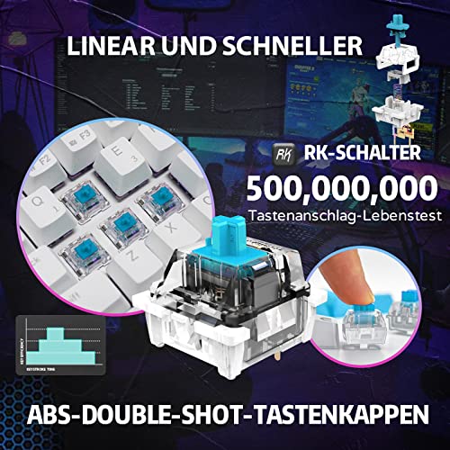 RK61 Mechanische Gaming-Tastatur, 2,4 GHz Wireless/Bluetooth/Wired 60% Mechanische Tastatur 61 Tasten Hot-Swap-fähiger Blauer Schalter mit RGB-Beleuchtung Kompatibel für Win/Mac, Weiß (QWERTZ)