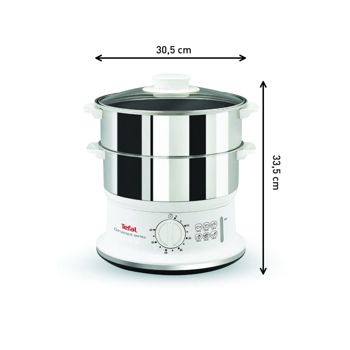 Tefal Dampfgarer VC1451 | 2 Edelstahlbehälter | 6L Fassungsvermögen | 24cm Durchmesser | Timer und automatische Abschaltung | 900W | Weiß