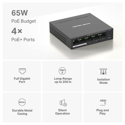 Mercusys MS105GP PoE Switch 5-Port Gigabit LAN Switch mit 4 PoE+ Ports (65 Watt, IEEE-802.3af/at PoE, lüfterlos, Plug-and-Play, Robustes Metallgehäuse)