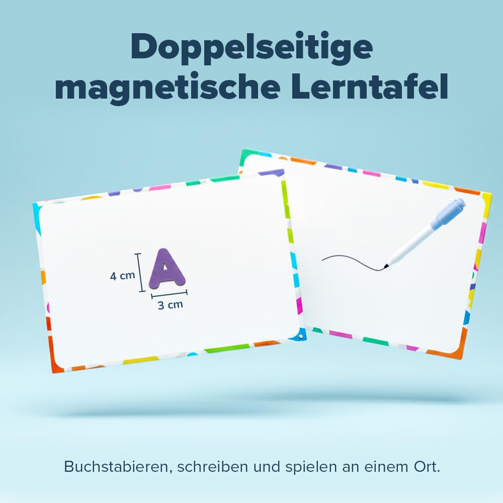 Magnetische Buchstaben und Zahlen für Kinder – Das komplette Set: 182 Buchstaben und 81 Zahlen sowie Symbole – Kühlschrankmagneten – Beinhaltet 2 Boxen, Magnettafel, Stifte und Löschschwamm