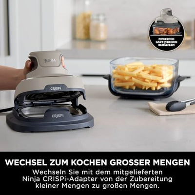 Ninja CRISPi tragbare Airfryer Heißluftfritteuse, 3,8 l, 4-in-1: Heißluftfrittieren, Braten, Warmhalten, Recrisp, kompakt, 6 Portionen, 2x herausnehmbare Glasbehälter & Deckel, 1700 W, Stein FN101EUST