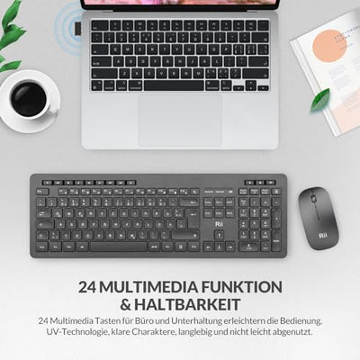 Rii Leise Tastatur Maus Set kabellos, Funktastatur mit Maus, Wireless Keyboard and Mouse, Für PC/Laptop/Windows/Smart TV, Deutsches Layout - schwarz