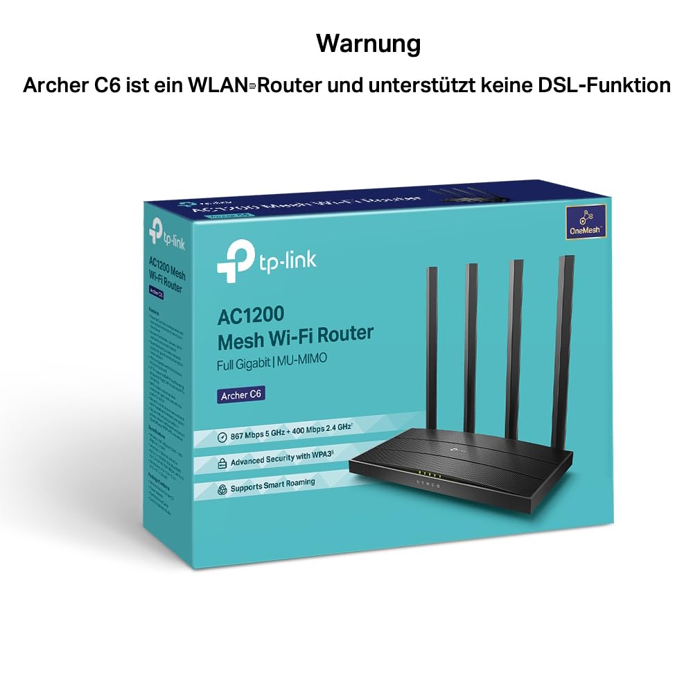 TP-Link Archer C6 Dualband Gigabit WLAN-Router (867Mbit/s 5GHz + 300Mbit/s 2,4GHz, 4 Gigabit LAN-Port, MU-MIMO, IPTV, Unterstützt keine DSL-Funktion