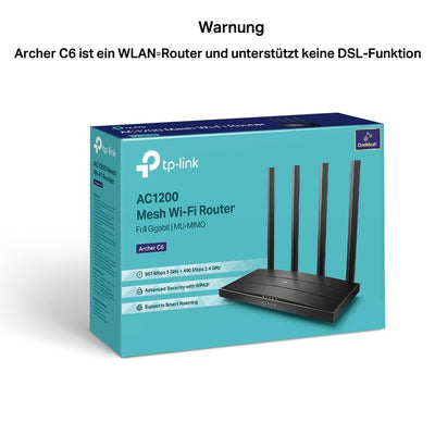 TP-Link Archer C6 Dualband Gigabit WLAN-Router (867Mbit/s 5GHz + 300Mbit/s 2,4GHz, 4 Gigabit LAN-Port, MU-MIMO, IPTV, Unterstützt keine DSL-Funktion