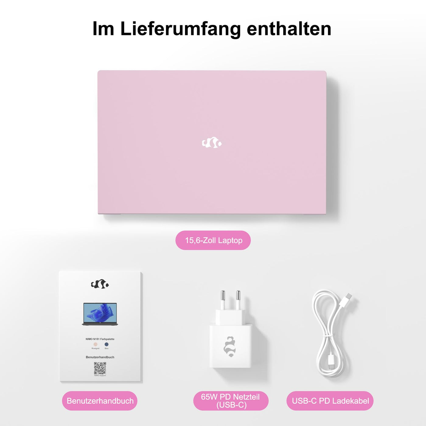 NIMO 15.6" Laptop FHD Computer Rosegold: 16GB RAM, 1TB SSD, Win 11 Home, Intel N100 bis 3,4GHz, WLAN-Konnektivität, Fingerabdruck, 65W PD, Hintergrundbeleuchtete Tastatur, Leicht & Stylisch