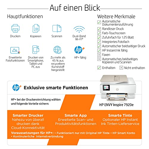 HP Envy Inspire 7920e Multifunktionsdrucker, Tintenstrahldrucker, 3 Monate gratis drucken mit HP Instant Ink inklusive, HP+, Drucken, Scannen, Kopieren, Fotodruck, ADF, DIN A4, WLAN, Airprint