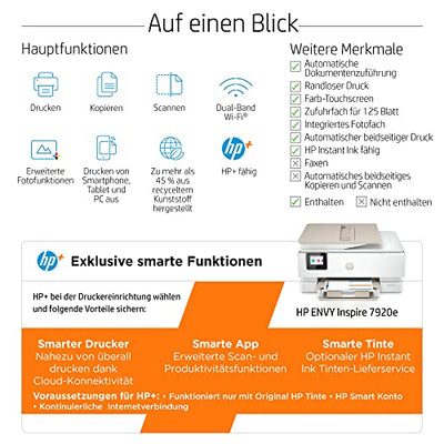 HP Envy Inspire 7920e Multifunktionsdrucker, Tintenstrahldrucker, 3 Monate gratis drucken mit HP Instant Ink inklusive, HP+, Drucken, Scannen, Kopieren, Fotodruck, ADF, DIN A4, WLAN, Airprint