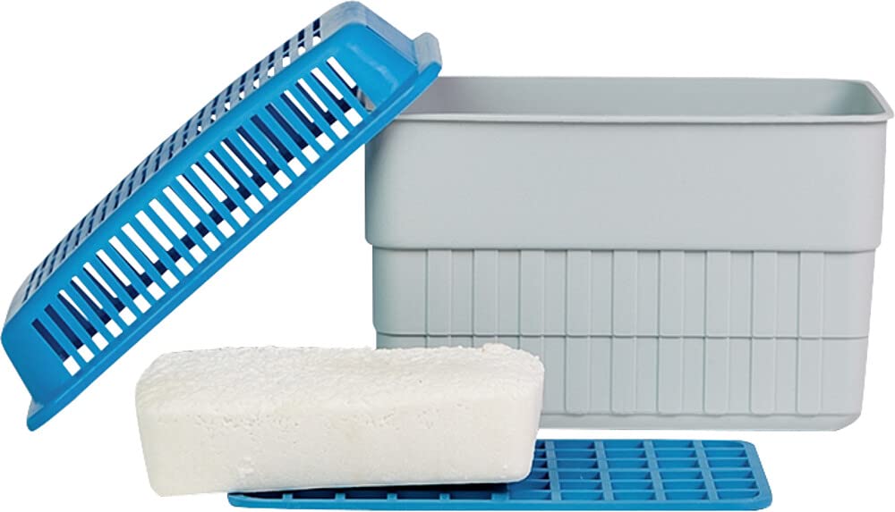 WENKO Feuchtigkeitskiller mit 1 kg Granulatblock, Raumentfeuchter, fasst bis zu 1,4 l Feuchtigkeit, laborgeprüft, nachfüllbar, reduziert Schimmel & Gerüche, 24 x 16 x 15 cm, Grau / Blau, 5410010100