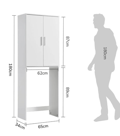 mokebo® Waschmaschinenschrank für Waschmaschinen & Trockner 'Der Saubermann', Überbau oder Überbauschrank mit Türen in Weiß aus Holz, auch als Toilettenregal oder WC-Regal in 65x180x34cm (B/H/T)