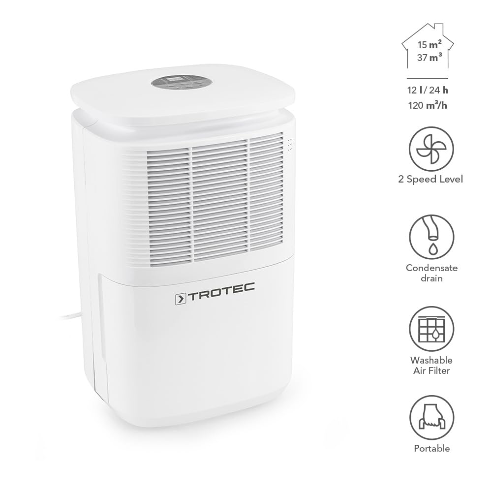 TROTEC Raumentfeuchter elektrisch TTK 30 E – Leistung 12 L/Tag – Fläche 15 m² / 37 m³ – Entfeuchtungsgerät mit Autoabschaltung