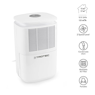 TROTEC Raumentfeuchter elektrisch TTK 30 E – Leistung 12 L/Tag – Fläche 15 m² / 37 m³ – Entfeuchtungsgerät mit Autoabschaltung