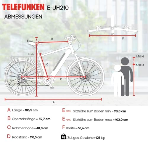 TELEFUNKEN E-Bike Herren 28 Zoll, Elektrofahrrad Hinterradmotor, 7-Gang Kettenschaltung, Hydr. Scheibenbremsen - Pedelec Urban-Bike, UH210