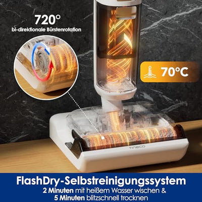 Tineco Floor One Stretch S6 Nass Trockensauger, 180°-Flachdesign Saugwischer 13cm Liegehöhe, 70°C 5min FlashDry Selbstreinigung, 3-Seitige Kantenreinigung 40min Laufzeit Reinigung unter tiefen Möbeln
