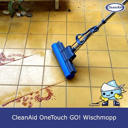 CleanAid OneTouch GO! Wischmopp, Bodenwischer, Wringmopp, Wischer mit Auswringfunktion - besonders saugstark - mit PVA Schwamm und Segmentstiel aus Edelstahl