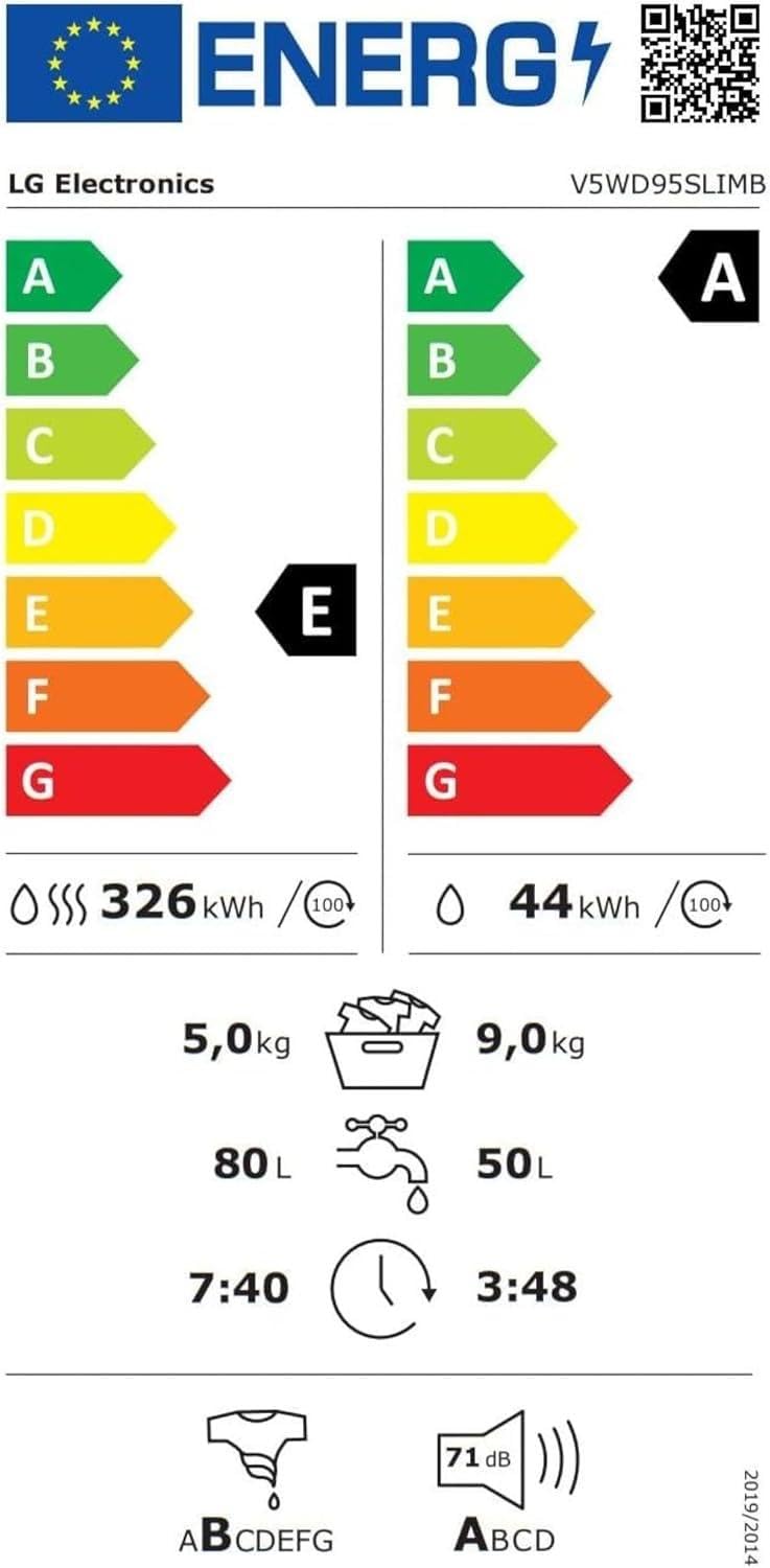 LG V5WD95SLIMB, SLIM Waschtrockner 9-5 kg, Klasse A und E, 60x53.5x85 cm, Wi-Fi, AI Direct Drive, Tiefenreinigung mit Dampf, TurboWash 360, Allergy Care, Außentür aus gehärtetem Glas, Dark Stone