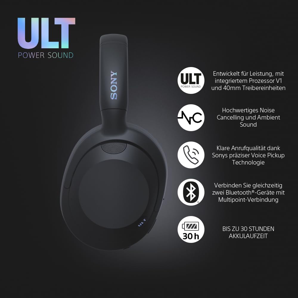 Sony ULT WEAR | Kabellose Bluetooth Kopfhörer mit Noise Cancelling | mit Mikrofon, 30 h Akku, Bass Boost Funktion | Geeignet für Sport, Musikgenuss, Reisen & Arbeit, Schwarz