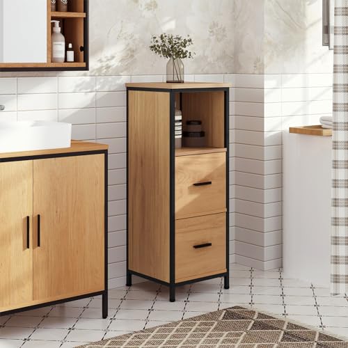 EUGAD Badezimmerschrank mit 2 abnehmbaren Schubladen, Badschrank schmal, multifunktionaler Aufbewahrungsschrank Eckschrank, Industrie Stil, mit Metallrahmen, Schwarz helle Eiche, 30x80x30 cm