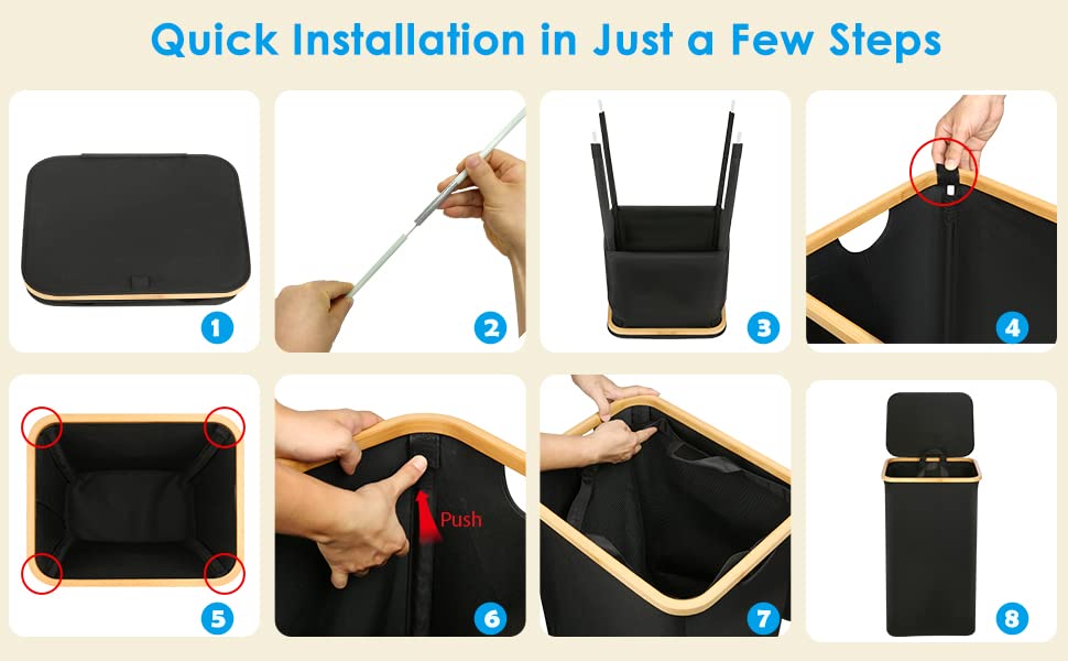 efluky Wäschekorb mit Deckel, 100 Liter hoher Wäschebox mit Bambus Henkel und Innentasche, faltbarer groß XXL Waschekorbsammler, Laundry Baskets für Schlafzimmer Badezimmer, schwarz