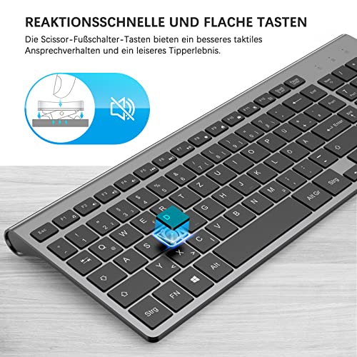 JOYACCESS Tastatur Maus Set Kabellos, 2.4G Ultra-Dünne Funktastatur mit Maus, QWERTZ Layout (Deutsch), Ergonomische Keyboard Mouse für Computer/Desktop/PC/Laptop/Windows 10/8/7, Schwarz und Grau