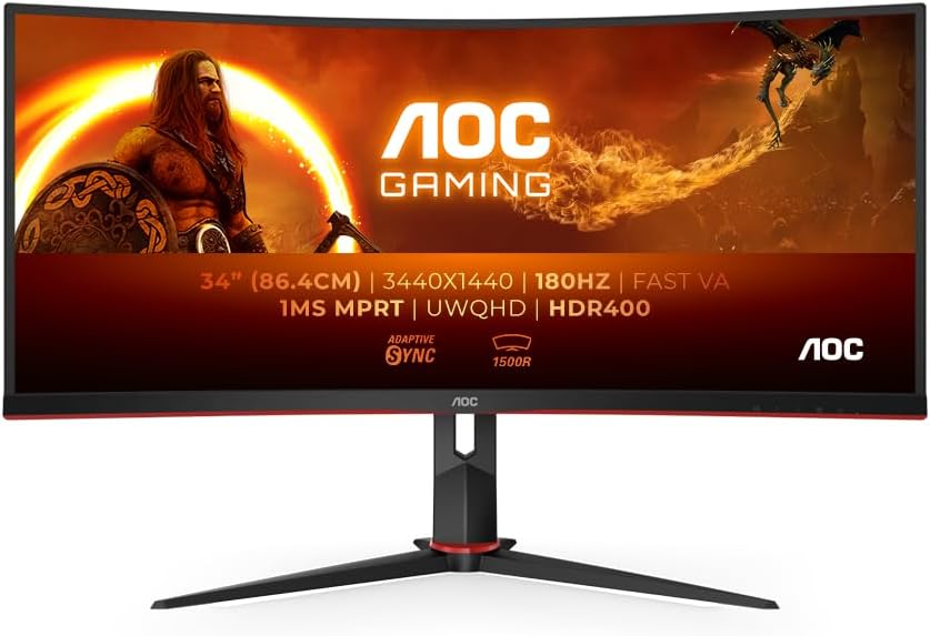 AOC Gaming CU34G2XPD – 34-Zoll-WQHD-Curved-Monitor, 180 Hz, schnelle VA, 1 ms GTG, FreeSync Premium, HDR400, höhenverstellbarer Standfuß (3440 x 1440, HDMI, DisplayPort, USB-Hub)