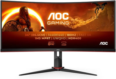 AOC Gaming CU34G2XPD – 34-Zoll-WQHD-Curved-Monitor, 180 Hz, schnelle VA, 1 ms GTG, FreeSync Premium, HDR400, höhenverstellbarer Standfuß (3440 x 1440, HDMI, DisplayPort, USB-Hub)