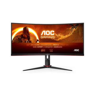 AOC Gaming CU34G2XPD – 34-Zoll-WQHD-Curved-Monitor, 180 Hz, schnelle VA, 1 ms GTG, FreeSync Premium, HDR400, höhenverstellbarer Standfuß (3440 x 1440, HDMI, DisplayPort, USB-Hub)