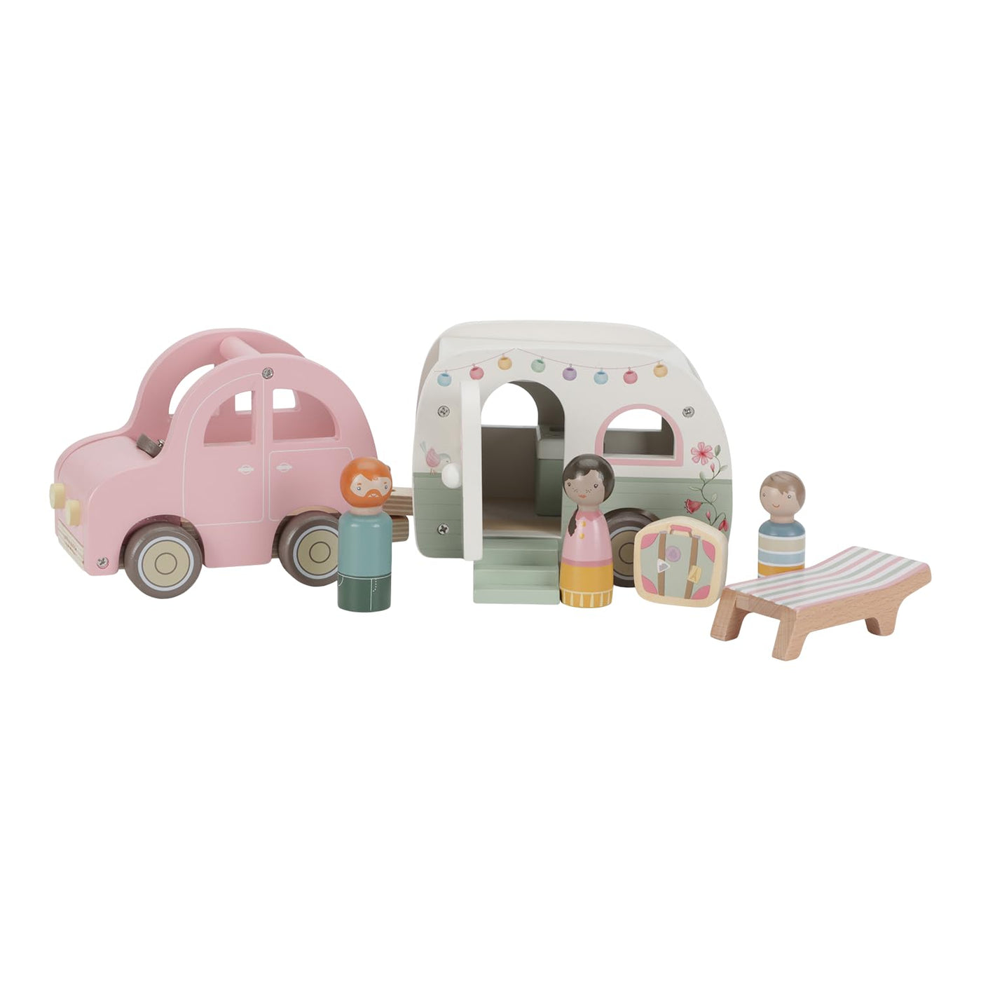 Little Dutch 8022 FSC Holz Auto mit Wohnwagen, Spielfiguren und Zubehör 10-teiliges Set - rosa