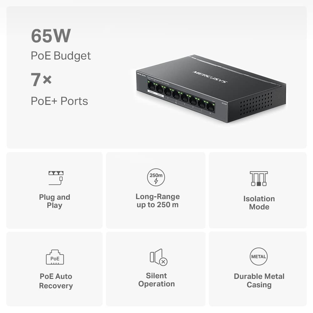 Mercusys MS108GP PoE Switch 8-Port Gigabit LAN Switch mit 7 PoE+ Ports, bis zu 30 W pro PoE-Port und 65 W für alle PoE-Ports, 802.3af/at PoE, lüfterlos, Plug-and-Play, Robustes Metallgehäuse