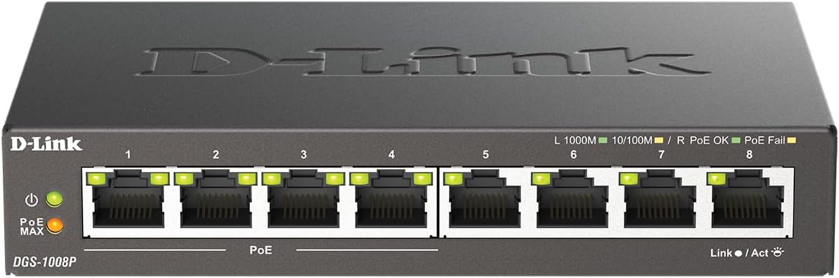 D-Link DGS-1008P, 8-Port Unmanaged PoE+ Gigabit Switch (8 Anschlüsse mit 10/100/1000 Mbit/s, 4 davon mit PoE-Unterstützung, 60W PoE Kapazität, Plug & Play, lüfterlos, Metallgehäuse)