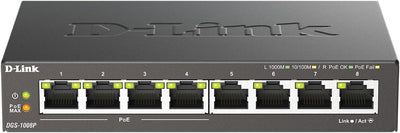 D-Link DGS-1008P, 8-Port Unmanaged PoE+ Gigabit Switch (8 Anschlüsse mit 10/100/1000 Mbit/s, 4 davon mit PoE-Unterstützung, 60W PoE Kapazität, Plug & Play, lüfterlos, Metallgehäuse)