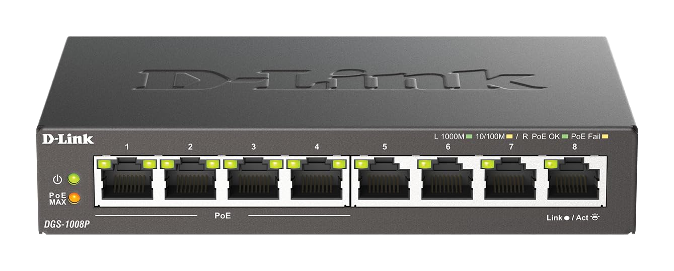 D-Link DGS-1008P, 8-Port Unmanaged PoE+ Gigabit Switch (8 Anschlüsse mit 10/100/1000 Mbit/s, 4 davon mit PoE-Unterstützung, 60W PoE Kapazität, Plug & Play, lüfterlos, Metallgehäuse)