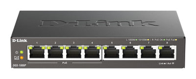 D-Link DGS-1008P, 8-Port Unmanaged PoE+ Gigabit Switch (8 Anschlüsse mit 10/100/1000 Mbit/s, 4 davon mit PoE-Unterstützung, 60W PoE Kapazität, Plug & Play, lüfterlos, Metallgehäuse)