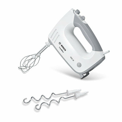 Bosch Hausgeräte ErgoMixx MFQ36400, 2 Rührbesen, 2 Edelstahl-Knethaken, spülmaschinengeeignet, 5 Stufen plus Turbostufe, 450 W, weiß