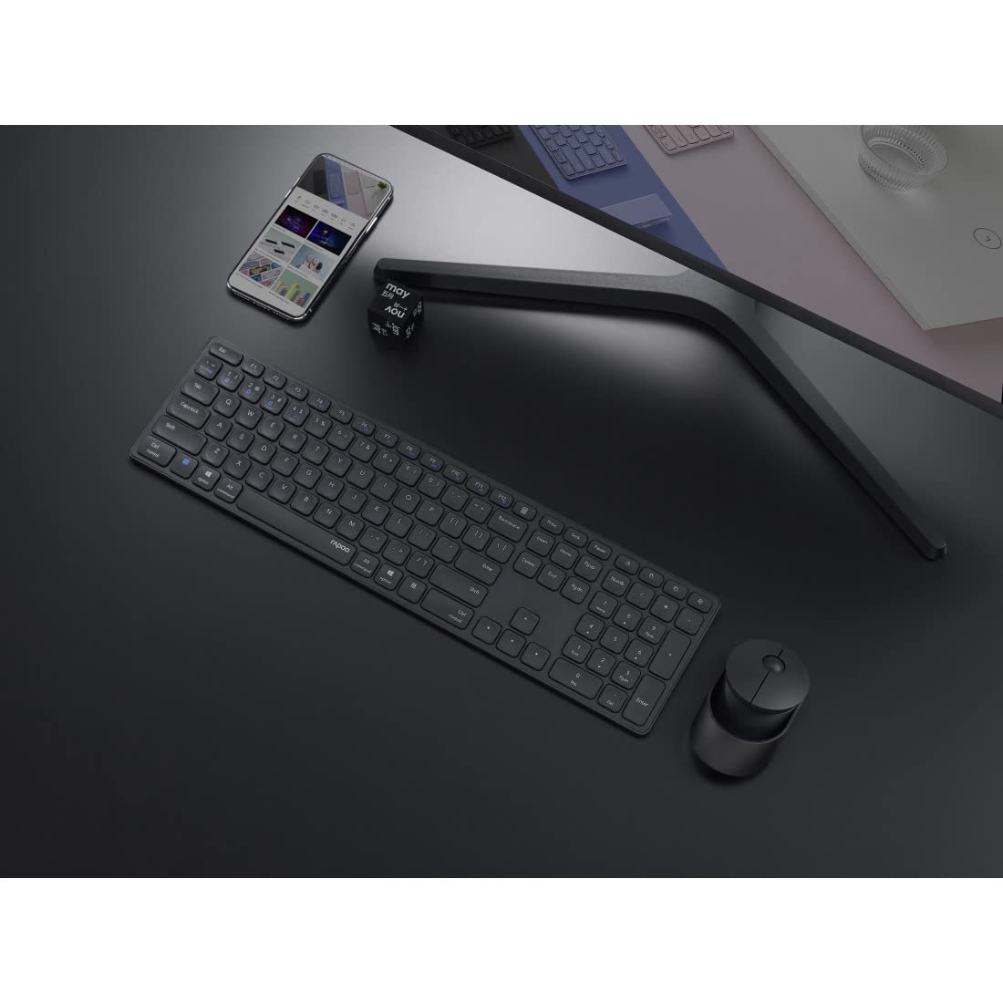Rapoo 9850M kabelloses Tastatur-Maus Set Wireless Deskset 1600 DPI Sensor wiederaufladbarer Akku flaches Aluminium Design DE-Layout QWERTZ PC & Mac - dunkelgrau