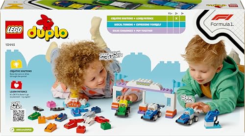 LEGO DUPLO Town F1 Team Rennautos mit Rennfahrern - Montessori Spielzeug für Mädchen & Jungen - Lernspielzeug für Kinder ab 2 Jahren - 10 Spielzeug Autos mit Kran, Startlichtern, Siegerpodest - 10445