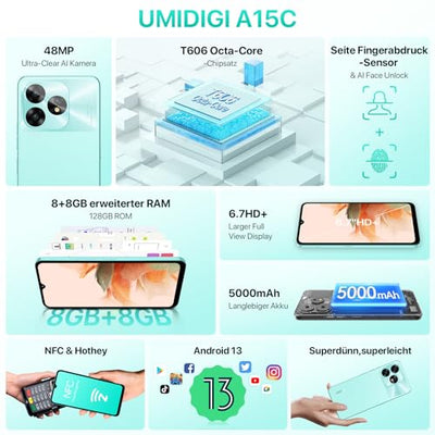 UMIDIGI A15C Smartphone Ohne Vertrag 2023, 4G Handy Ohne Vertrag, Octa-Core 16GB(8GB+8GB)+128GB/1TB, 48MP+8MP, 6,7" HD+Display, 5000mAh, Dual SIM Android 13 Simlockfreie Handys, NFC/Face ID/OTG/GPS