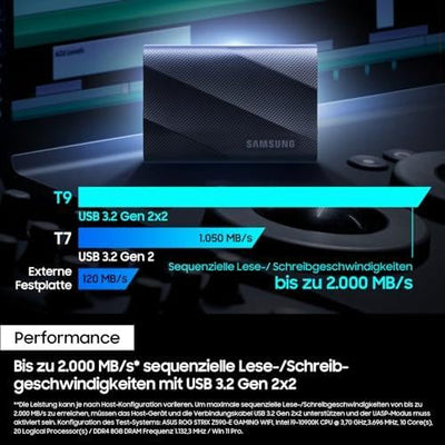 Samsung Portable SSD T9, 2 TB, 2.000 MB/s Lesen, 2.000 MB/s Schreiben, USB 3.2 Gen.2x2, Externe Festplatte für professionelle Anwender, Kompatibel mit Mac, PC, Smartphone und 12K Kameras, MU-PG2T0B/EU
