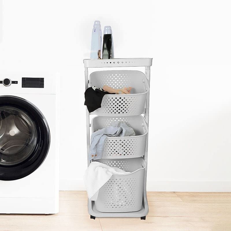 Wäschekorb 3 Fächer Wäschekorbwagen mehrstöckig Kunststoff Wäschekorb mit Rollen Laundry Basket Kunststoffkorb für Wäsche Wäschebox Wäschesammler Aufbewahrung hellgrau