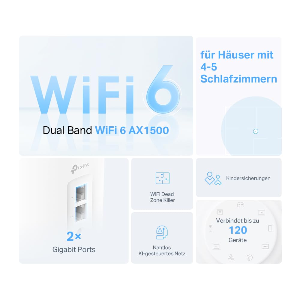 TP-Link Deco X1500 Mesh WLAN Set (3 Pack), 𝐖𝐢-𝐅𝐢 𝟔 AX1500 Dual Band Router & Repeater, 2X Gigabit Ports für Jede Einheit, für Häuser mit 4-5 Schlafzimmern, Umfassender Jugendschutz, WPA3