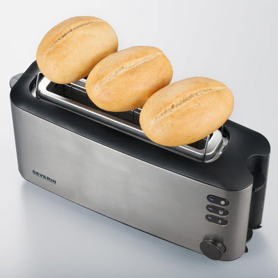 SEVERIN Automatik-Langschlitztoaster, Automatik-Toaster mit Brötchenaufsatz, Edelstahl Toaster zum Toasten, Auftauen und Erwärmen, 1.000 W, Edelstahl-gebürstet/schwarz, AT 2515