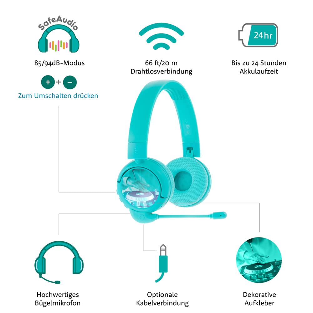 Brandneu und „Made for Amazon“: Bluetooth-Kinderkopfhörer BuddyPhones PopTime Pro mit Lautstärkebegrenzung und Bügelmikrofon (Alter: 3-12 Jahre), Blaugrün